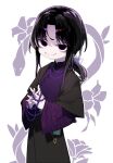  1boy absurdres animal_background bags_under_eyes bead_necklace beads beudelb black_hair black_robe chinese_clothes closed_mouth commentary commission cowboy_shot hair_ribbon highres holding holding_jewelry holding_necklace huai_yunqing interlocked_fingers jewelry layered_sleeves long_hair long_sleeves looking_at_viewer low_ponytail male_focus mandarin_collar necklace no_eyewear own_hands_together parted_bangs pixiv_commission ponytail purple_eyes purple_shirt ribbon robe shanghai_neckline shirt sidelocks simple_background smile solo standing touqi_guaitan white_background white_ribbon wide_sleeves 