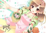  1girl :d apron ayamisiro basket brown_eyes brown_hair collarbone dutch_angle flower green_shirt holding holding_basket holding_flower light_smile long_hair long_skirt looking_at_viewer natsu_koi_high_pressure official_art outstretched_arms petals pink_apron ponytail puffy_short_sleeves puffy_sleeves shirt short_sleeves signature skirt smile solo yellow_skirt 