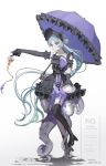  1girl artist_name black_dress black_shoes blue_hair boots commentary_request cup dated detached_sleeves dress frilled_umbrella frills garter_straps gothic_&amp;_horror_hatsune_miku_design_contest hair_bun hatsune_miku high_heel_boots high_heels highres kuleha_s legs long_hair plate purple_umbrella shoes simple_background solo teacup teapot tentacles thigh_boots thighs umbrella very_long_hair vocaloid white_background 
