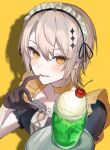  0mr3z 1girl alternate_costume black_dress black_gloves blonde_hair cherry commentary_request cup curtained_hair diamond_hair_ornament dress drink drinking_glass food frilled_dress frilled_hairband frills fruit glass gloves hair_ornament hairband hasumi_leia highres holding holding_tray ice_cream ice_cream_float looking_at_viewer mahou_shoujo_no_majo_saiban melon_soda portrait short_hair smile soda solo tray white_hairband yellow_background yellow_eyes 