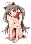  absurdres ahoge animal_ears ayano_yuu_(sonma_1426) bare_shoulders barefoot blush brown_eyes brown_hair cat_ears cat_tail hair_ribbon hakozaki_serika highres idolmaster idolmaster_million_live! knees_to_chest leg_hug long_hair looking_at_viewer neckerchief one-piece_swimsuit ribbon sitting smile solo swimsuit tail twintails 