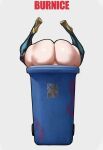  1girl absurdres ass ass_focus black_thighhighs bottomless burnice_white butt_crack character_name commentary english_commentary english_text highres in_container in_trash_can lower_body photo_(object) shiny_clothes simple_background spiralnoww1 stuck thighhighs torn_photo trash_can upside-down zenless_zone_zero 