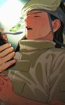  1girl 2boys absurdres black_hair blush bodysuit bottle closed_eyes commentary_request double_bun floating furrowed_brow grey_shirt hair_bun headband highres holding holding_bottle holding_spoon hyuuga_neji intelli_intel korean_commentary leg_warmers long_hair male_focus medicine multiple_boys naruto_(classic) naruto_(series) open_mouth own_hands_clasped own_hands_together rock_lee shirt short_hair sick spoon sweat tenten_(naruto) towel towel_on_head upper_body 