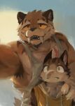  2boys animal_ears armpit_hair armpits bara biceps blush brown_fur can_i_replay_a_missed_summer? cat_boy cat_ears chinese_commentary claws closed_mouth commentary_request dated drooling furry furry_male hand_on_another's_shoulder highres male_focus multiple_boys muscular muscular_male open_mouth qi_cheng_(cirams) racoonwolf saliva signature smile wei_qian_(cirams) yellow_fur 