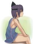  ayane_(doa) bad_id bad_pixiv_id bare_shoulders breasts child dark_skin dead_or_alive deeezel dress from_side hands_on_own_knees headband purple_hair red_eyes short_hair sideboob sitting sleeveless small_breasts smile solo younger 
