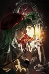  1girl absurdres bang_dream! bang_dream!_it's_mygo!!!!! beret broken_mirror brown_eyes candle candlelight candlestand commentary different_reflection earrings green_hair hat highres jewelry long_hair looking_at_mirror mirror mortis_(bang_dream!) parted_lips red_hat reflection solo teardrop_earrings upper_body wakaba_mutsumi windycle 