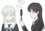  2girls bang_dream! bang_dream!_it's_mygo!!!!! black_jacket blue_shirt brown_hair chinese_commentary commentary_request green_hair grey_neckerchief hair_ornament hairclip haneoka_school_uniform highres holding holding_magnifying_glass jacket long_hair magnifying_glass multiple_girls neckerchief necktie open_mouth purple_eyes purple_necktie school_uniform shiina_taki shirt simple_background takoonland translation_request tsukinomori_school_uniform wakaba_mutsumi white_background yellow_eyes 
