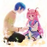  1girl angel_beats! blue_hair couple greenpeace hetero hinata_(angel_beats!) jewelry long_hair pink_eyes pink_hair proposal purple_eyes putting_on_jewelry ring school_uniform serafuku shinda_sekai_sensen_uniform short_hair translated two_side_up yui_(angel_beats!) 