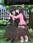  1boy 1girl ^_^ ahoge antenna_hair black_hair black_jacket black_pants black_skirt blush boots bow cardigan closed_eyes collared_shirt couple curled_fingers degrees_of_lewdity dress_shoes english_text flower full_body game_screenshot_inset gate grass green_necktie green_sweater hair_between_eyes hair_bow hair_over_one_eye heart heart_print hetero highres hood hooded_jacket hug jacket kneehighs knees_together_feet_apart kylar_(degrees_of_lewdity) kylar_(male)_(degrees_of_lewdity) leaning_on_person long_hair looking_at_another makeup messy_hair miniskirt multiple_hair_bows necktie on_tree_stump open_mouth outdoors outline oxfords pants pink_boots pink_cardigan pink_necktie player_character_(degrees_of_lewdity) player_character_(female)_(degrees_of_lewdity) pleated_skirt satxnsbunny school_uniform screenshot_inset shirt shoes short_hair sitting skirt socks surprised sweater tree v-neck watermark white_outline white_shirt zettai_ryouiki 