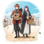  1boy 1girl :o artist_request axe bag baguette basket battle_axe black_boots black_coat black_gloves black_pants black_roots black_tunic blue_sky blunt_bangs boots bread building cloud coat commentary dress english_commentary fern_(sousou_no_frieren) fingerless_gloves food full_body game_asset gloves grand_summoners holding holding_bag holding_basket jacket long_hair long_sleeves looking_at_another market market_stall official_art open_clothes open_coat open_jacket outdoors pants parted_lips purple_eyes purple_hair red_eyes red_hair red_jacket sky smile sousou_no_frieren standing stark_(sousou_no_frieren) third-party_source transparent_background tunic weapon weapon_on_back white_dress 