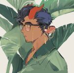  1boy all_saints_street animal_ear_piercing braid closed_mouth collared_shirt commentary_request earrings facial_hair fern glasses goatee_stubble grey_shirt highres horns jewelry male_focus nick_holt red_horns shirt short_hair solo stubble tensoba20230223 yellow_eyes 