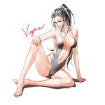  alternate_costume arm_support bare_legs bare_shoulders black_hair breasts hand_on_own_knee hikarusorano impossible_clothes large_breasts league_of_legends long_hair navel one-piece_swimsuit parted_lips ponytail revealing_clothes shauna_vayne sitting sketch smile solo swimsuit very_long_hair 