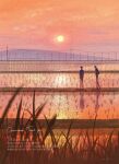  2boys arms_at_sides black_hair black_pants black_vest blurry chicoguru cloud commentary_request commission depth_of_field evening facing_ahead grass highres male_focus mountainous_horizon multiple_boys orange_sky orange_theme original outdoors pants power_lines reflection reflective_liquid rice_paddy scenery shirt skeb_commission sky standing sun sunlight sunset thank_you train utility_pole vest walking water watermark white_hair white_shirt wide_shot 
