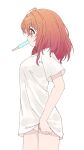 1girl ahoge arm_at_side character_request copyright_request cowboy_shot food food_in_mouth from_side gradient_hair hair_ornament hairclip highres k-go long_shirt medium_hair multicolored_hair no_pants orange_hair panties parallel_hairclips pink_hair popsicle popsicle_in_mouth profile red_eyes shirt short_sleeves simple_background solo standing t-shirt underwear white_background white_panties white_shirt 