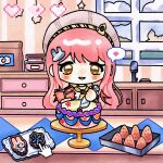  1girl 24-hour_relay animal-themed_food arm_warmers ascot blue_sky book brown_eyes buttons cake chef_hat chibi chinese_commentary cloud commentary_request cookbook cookie day decorating_baked_goods drawer flat_top_chef_hat flour food hair_ornament happy hat heart highres hill holding holding_book holding_pasteur_pipette indoors infinity_nikki jacket jar kitchen light_blush long_hair long_sleeves looking_at_viewer mengchen_ruyueseli nikki_(nikki) nikki_(series) open_book pink_hair rabbit rabbit_hair_ornament sink sky smile snowflakes solo speech_bubble spoken_heart star_(symbol) straight-on sweet_traces_(infinity_nikki) tareme tray very_long_hair wavy_hair white_hat white_jacket yellow_arm_warmers yellow_ascot 