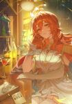  1girl absurdres asymmetrical_gloves breasts caelus_(honkai:_star_rail) commentary dan_heng_(honkai:_star_rail) dress elbow_gloves english_commentary epaulettes flower flower_ornament gloves hair_between_eyes hair_ornament heng_(hang_1004) highres himeko_(honkai:_star_rail) himeko_(nova)_(honkai:_star_rail) honkai:_star_rail honkai_(series) indoors large_breasts long_hair looking_at_viewer march_7th_(honkai:_star_rail) mismatched_gloves parted_lips photo_(object) pom-pom_(honkai:_star_rail) red_gloves red_hair single_elbow_glove sitting smile solo star_(symbol) star_hair_ornament stelle_(honkai:_star_rail) sunday_(honkai:_star_rail) trailblazer_(honkai:_star_rail) uneven_gloves welt_yang white_dress white_gloves yellow_eyes 