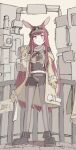  1girl animal_ear_fluff animal_ears arknights backpack bag belt black_boots black_neckerchief black_shirt black_shorts blush boots brown_gloves brown_jacket brown_pantyhose brown_vest character_name full_body gloves headlamp highres holding_strap jacket long_hair machine neckerchief open_clothes open_jacket pantyhose purple_eyes rabbit_ears rabbit_girl ray_(arknights) red_hair scarf shirt shorts solo tanakarashii very_long_hair vest visor_cap white_background white_scarf 