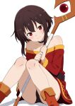  1girl absurdres bare_shoulders belt black_belt black_choker black_hair black_panties blunt_bangs blush boots brown_boots choker closed_mouth commentary_request dress feet_out_of_frame hair_between_eyes hands_up highres holding holding_staff knees_together_feet_apart knees_up kono_subarashii_sekai_ni_shukufuku_wo! long_sleeves looking_at_viewer mage_staff megumin missing_headwear off-shoulder_dress off_shoulder paid_reward_available panties red_dress red_eyes ryo4423 short_dress short_hair_with_long_locks simple_background sitting smile solo split_mouth staff tareme thighs underwear white_background wide_sleeves 