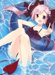  ahoge alternate_costume ange_vierge blush bow demon_horns demon_tail demon_wings fang frills hair_bow hair_ornament highres horns huge_ahoge innertube legs open_mouth partially_submerged pink_hair pointing red_eyes sakuragi_ren solo sophina swimsuit tail teardrop twintails water watermark wings 