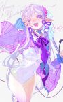  1girl :d absurdres athletic_leotard blue_shirt blush bow bowtie breasts commentary covered_navel demon_tail fangs foot_out_of_frame grey_background hair_ornament hands_up happy_birthday highres indie_virtual_youtuber iridescent iridescent_clothes kurikabacha large_breasts leotard lipstick long_hair long_sleeves makeup mianmianmian_(vtuber) one_eye_closed pointy_ears purple_bow purple_bowtie purple_eyes purple_hair purple_lips purple_nails shirt simple_background smile solo tail untranslatable_commentary virtual_youtuber white_leotard 
