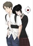  1boy 1girl backpack bag black_bag black_choker black_hair black_nails black_shirt blue_pants blush brown_hair choker closed_eyes closed_mouth collared_shirt commentary cowboy_shot eren_yeager green_eyes hands_in_pockets heart hetero highres hug hug_from_behind jewelry mikasa_ackerman nail_polish official_alternate_costume official_alternate_hairstyle pants peanuts261912 plaid_clothes plaid_skirt ring shingeki_no_kyojin shingeki_no_school_castes shirt short_hair short_twintails skirt smile spoken_heart studded_choker studs sweatdrop thumb_ring twintails twitter_username untranslatable_commentary white_shirt 