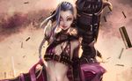 bikini_top black_gloves blue_hair braid bullet character_name duto gloves highres jewelry jinx_(league_of_legends) league_of_legends lips long_hair looking_at_viewer navel necklace one_eye_closed red_eyes solo tattoo twin_braids upper_body very_long_hair weapon 