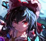  1girl absurdres ascot black_hair blue_butterfly bow bug butterfly chinese_commentary commentary detached_sleeves frilled_bow frilled_hair_tubes frills grin hair_bow hair_tubes hakurei_reimu highres huanmeng long_hair looking_at_viewer portrait red_bow red_eyes smile solo touhou yellow_ascot 