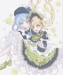  2girls bird_hat_ornament black_bow black_bowtie black_capelet black_flower black_hat black_rose blonde_hair blue_hair blue_necktie bonnet bow bow_flower bowtie braid braided_hair_rings capelet carrying chinstrap closed_mouth collared_shirt commentary_request deerstalker dress falling_flower falling_petals flower flower-trimmed_dress flower-trimmed_skirt frilled_capelet frilled_dress frilled_skirt frilled_sleeves frills green_bonnet green_eyes green_shoes grey_vest hair_bow hair_flower hair_ornament hair_rings hat hat_bow highres lolita_fashion long_hair long_sleeves mahou_shoujo_no_majo_saiban multiple_girls naacha necktie open_mouth petals princess_carry rose shirt shoes short_hair simple_background skirt smile socks tachibana_sherry tono_hanna twintails two-tone_dress vest white_background white_flower white_rose white_shirt white_socks wide_sleeves winged_hat yellow_eyes yellow_flower yellow_rose yuri 