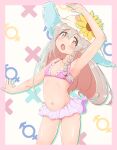  1girl absurdres arm_up armpits bikini blush border braid brown_eyes brown_hair commentary_request dashiziruangeal flower frilled_bikini frills hair_flower hair_ornament highres long_hair looking_at_viewer male-female_symbol mars_symbol onii-chan_wa_oshimai! open_mouth oyama_mahiro pink_bikini pink_border pink_skirt single_braid skirt solo sunflower swimsuit venus_symbol very_long_hair white_background 