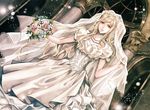  arch bangs blonde_hair blue_flower blue_rose bouquet bridal_veil bride column corset danganronpa dress dutch_angle flower gown green_eyes head_wreath jewelry light_particles light_smile long_hair looking_at_viewer necklace pearl_necklace pillar pink_flower pink_rose rose sakuyu solo sonia_nevermind standing super_danganronpa_2 swept_bangs veil very_long_hair wedding_dress white_dress window 