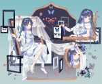 1girl bare_shoulders barefoot black_hair blue_butterfly blue_eyes blue_hair blue_ribbon bug butterfly chinese_commentary choker closed_mouth commentary_request dress flower highres holding leg_ribbon long_hair looking_at_viewer multicolored_hair multiple_views off-shoulder_dress off_shoulder original painting_(object) picture_frame qianxia_moban qianxia_siba ribbon sitting streaked_hair veil white_dress 
