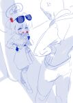  1boy 1girl anger_vein blue_archive blush candy crying_emoji dan_nako emoji eyewear_on_head fingerless_gloves food gloves hair_bobbles hair_ornament halo hand_on_own_hip highres holding holding_candy holding_food holding_lollipop leaning lollipop meme monochrome name_tag one_side_up open_mouth sketch skirt spot_color standing suspender_skirt suspenders suspenders_slip tongue tongue_out uohhhhhhhhh!_(meme) virtual_pet_(toy) youko_(blue_archive) 