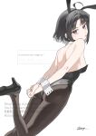 1girl 2l_(2lsize) ahoge alternate_hair_length_(shorter) animal_ears arms_behind_back awa_subaru back backless_outfit bare_back bare_shoulders black_hair black_hairband black_leotard black_pantyhose black_shoes commentary_request detached_collar fake_animal_ears fake_tail girls_band_cry hairband high_heels highres leotard looking_at_viewer looking_back pantyhose parted_bangs playboy_bunny purple_eyes rabbit_ears rabbit_tail shoes short_hair sidelocks signature solo strapless strapless_leotard tail tongue tongue_out white_background white_wrist_cuffs wrist_cuffs 