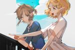  1boy 1girl against_railing blonde_hair blue_eyes blue_shirt braid breasts closed_mouth commentary_request crown_braid dress earrings green_eyes hair_ornament hair_tie hairclip hetero highres jewelry leaftin light_smile link long_pointy_ears looking_at_another medium_breasts open_mouth outdoors parted_bangs pointing pointy_ears ponytail princess_zelda railing shirt short_ponytail short_sleeves sidelocks smile the_legend_of_zelda the_legend_of_zelda:_tears_of_the_kingdom upper_body white_dress 