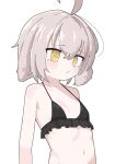  1girl ahoge animal_ears bikini black_bikini blush commentary_request densi_ronto dog_ears dog_girl fang flat_chest frilled_bikini frills grey_hair hair_between_eyes highres looking_down navel original short_hair simple_background skin_fang solo swimsuit upper_body white_background yellow_eyes 