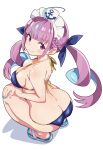  1girl absurdres ahoge bikini blue_bikini blue_hair blue_ribbon blue_streaks blunt_bangs braid breasts butt_crack cleavage closed_mouth colored_inner_hair commentary_request drill_hair dyed_ahoge fanged_bangs flip-flops full_body hair_ribbon half_up_braid halterneck highres hololive irodori_drawpic large_breasts long_hair maid_headdress minato_aqua multicolored_hair purple_eyes purple_hair ribbon sandals simple_background smile solo squatting streaked_hair swimsuit twin_drills two-tone_hair virtual_youtuber white_background 