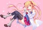  1girl :d bare_shoulders black_thighhighs blonde_hair blue_shirt blush boots bow bowtie brown_bow coat coat_partially_removed commentary_request commission cup eyelashes floating_hair footwear_bow frilled_skirt frills full_body hair_between_eyes hair_intakes hands_up highres hiryuu_kanon holding holding_cup irotoridori_no_sekai knees_together_feet_apart knees_up legs long_hair long_sleeves looking_at_viewer miniskirt mug nikaidou_shinku open_clothes open_coat open_mouth pink_background pleated_skirt red_bow red_bowtie red_eyes red_skirt sailor_collar school_uniform serafuku shirt sidelocks simple_background sitting skeb_commission skirt sleeveless sleeveless_shirt smile solo star_(symbol) star_symbol_background thighhighs thighs two_side_up very_long_hair white_boots white_coat white_sailor_collar wide_sleeves zettai_ryouiki 