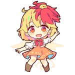  1girl :d animal_on_head baby_animal bird bird_tail blonde_hair boots brown_boots chibi chibi_only chick chinese_commentary commentary_request index_finger_raised looking_at_viewer lowres multicolored_hair niwatari_kutaka on_head open_mouth orange_skirt red_eyes red_hair renren_(ah_renren) shirt short_hair short_sleeves simple_background skirt smile solo tail touhou two-tone_hair white_background white_shirt wings yellow_wings 