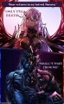  1boy 1girl black_hair black_skin breasts broken_helmet capitano_(genshin_impact) coat colored_skin commentary eefer_the_traveler english_commentary english_text expressionless genshin_impact glowing glowing_skin hair_between_eyes hair_intakes helm helmet highres large_breasts long_hair looking_at_viewer pink_hair ronova_(genshin_impact) skeleton straight-on teeth torn_clothes torn_coat undead very_long_hair wings 