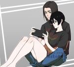  1boy 1girl arms_around_another's_waist barefoot black_hair black_shirt blue_pants breasts brown_hair character_name closed_mouth commentary_request couple eren_yeager feet_out_of_frame green_eyes grey_background grey_eyes hair_between_eyes handheld_game_console hetero highres holding holding_handheld_game_console indian_style medium_breasts medium_hair merchandise mikasa_ackerman pants parted_bangs peanuts261912 pink_shorts shingeki_no_kyojin shirt short_hair shorts sitting sitting_on_lap sitting_on_person twintails watermark 