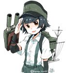  :d arare_(kantai_collection) arm_warmers black_hair brown_eyes doodle hat kano_(coyotehunt) kantai_collection machinery open_mouth pleated_skirt salute short_hair skirt smile solo suspenders twitter_username upper_body white_background 