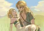  1boy 1girl armlet bead_armlet blonde_hair blue_eyes braid breasts carrying closed_eyes commentary_request crown_braid dress earrings grass hair_between_eyes hetero highres jewelry korean_commentary link looking_at_another magatama magatama_necklace medium_breasts medium_hair necklace outdoors parted_bangs pointy_ears princess_carry princess_zelda short_hair sidelocks strapless strapless_dress the_legend_of_zelda the_legend_of_zelda:_tears_of_the_kingdom white_dress zlmiph 