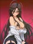  black_hair blush breasts cleavage female glasses gradient gradient_background green_eyes hasegawa_chisato large_breasts long_hair official_art open_shirt shinmai_maou_no_testament shiny_skin shirt solo 