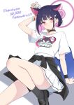  1girl absurdres animal_ears black_choker black_hair black_jacket black_shoes black_socks blue_archive blush cat_ears cat_girl choker clothes_around_waist colored_inner_hair commentary_request extra_ears guitar halo highres instrument jacket jacket_around_waist kazusa_(band)_(blue_archive) kazusa_(blue_archive) kurumi_kororin looking_at_viewer milestone_celebration multicolored_hair parted_lips pink_hair pleated_skirt print_shirt reclining red_eyes shirt shoes short_hair short_sleeves simple_background skirt socks solo white_background white_shirt white_skirt wristband 