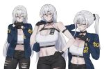  1girl :| absurdres adapted_costume arm_strap azur_lane bare_shoulders black_collar black_gloves black_pants blue_jacket breasts chest_harness cigarette cleavage closed_eyes closed_mouth collar commentary cowboy_shot crop_top cyrillic double-parted_bangs earrings english_commentary gloves hair_between_eyes hair_intakes hair_tie_in_mouth half-closed_eyes hand_on_own_hip harness highres holding holding_unworn_clothes holding_unworn_jacket jacket jewelry large_breasts lighting_cigarette long_hair long_sleeves looking_at_viewer looking_down midriff mouth_hold multiple_views navel official_alternate_costume pale_skin pants raised_eyebrow red_eyes simple_background sleeveless smoking sovetskaya_rossiya_(azur_lane) sovetskaya_rossiya_(the_lackadaisical_lookout)_(azur_lane) split_mouth standing tank_top teroterowin torn_clothes torn_pants tying_hair unworn_jacket white_background white_hair white_tank_top 