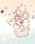  1girl animal aqua_background argyle_clothes argyle_dress birthday black_eyes bloom_poetry_(shining_nikki) bow bowtie candy cat chibi chinese_commentary cloak clothed_animal collared_shirt commentary_request cross-laced_clothes cross-laced_dress cupcake donut dress dress_bow ear_covers falling food frilled_shirt_collar frills high_collar hood hood_up hooded_cloak interruption_(echo-023) lollipop long_hair long_sidelocks looking_at_animal making-of_available medium_dress momo_(nikki) nikki_(nikki) nikki_(series) no_mouth pink_dress pink_hair pleated_dress procreate_(medium) red_bow red_bowtie red_ribbon ribbon shining_nikki shirt shoes sidelocks signature solid_oval_eyes star_(symbol) star_symbol_background swirl_lollipop traditional_bowtie two-tone_background very_long_hair white_cat white_shirt white_shoes yellow_background yellow_cloak 