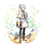  1girl artist_request black_pantyhose black_shirt blue_petals book boots brown_boots capelet commentary earrings elf english_commentary expressionless frieren full_body game_asset gold_trim grand_summoners grey_hair grimoire hair_over_shoulder holding holding_book jewelry long_hair long_pointy_ears long_sleeves looking_at_viewer official_art pantyhose parted_bangs petals pink_petals pointy_ears purple_petals shirt skirt solo sousou_no_frieren standing striped_clothes striped_shirt teardrop_earrings thick_eyebrows third-party_source transparent_background twintails white_capelet white_shirt white_skirt yellow_petals 