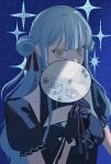  1girl animal_print bang_dream! bang_dream!_it's_mygo!!!!! black_dress black_gloves black_ribbon blue_background blue_hair braid butterfly_print ch3coona commentary double_bun dress fan_over_face gloves hair_bun hair_ribbon hand_fan holding holding_fan long_hair looking_at_viewer puffy_short_sleeves puffy_sleeves red_ribbon ribbon short_sleeves solo sparkle togawa_sakiko untranslatable_commentary yellow_eyes 