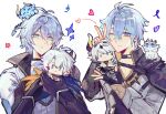  2girls ;) absurdres ahoge animal_on_head black_coat blue_eyes character_doll chimera_(honkai:_star_rail) coat color_connection commentary_request doll hair_color_connection highres hino_satoshi holding holding_doll honkai:_star_rail honkai_(series) honkai_impact_3rd in-franchise_crossover kevin_kaslana kevin_kaslana_(diabolic) looking_at_viewer male_focus multiple_girls ning_ningnin on_head one_eye_closed phainon_(honkai:_star_rail) phainon_(khaslana)_(honkai:_star_rail) short_hair smile v voice_actor_connection white_coat white_hair 