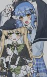  2girls :d artist_name bag bird_hat_ornament black_bag black_bow black_bowtie black_capelet black_hat blonde_hair blue_hair blue_necktie blue_skirt bow bow_flower bowtie braid braided_hair_rings capelet collared_shirt commentary deerstalker dress frilled_capelet frilled_dress frilled_sleeves frills green_eyes grey_vest hair_bow hair_rings hat hat_bow korean_text layered_skirt lolita_fashion long_hair long_sleeves mahou_shoujo_no_majo_saiban multiple_girls necktie plaid_clothes plaid_skirt rain shirt short_hair shoulder_bag signature simple_background skirt smile tachibana_sherry tono_hanna twintails twitter_username untranslatable_commentary vest wheloo3rd white_background white_shirt white_wings wide_sleeves wings yellow_eyes yuri 